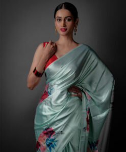 Close up view of a model showcasing Sea Green Printed Satin Saree , Relaxed style for everyday outings by Mirra Clothing