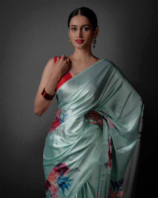 Close up view of a model showcasing Sea Green Printed Satin Saree , Relaxed style for everyday outings by Mirra Clothing