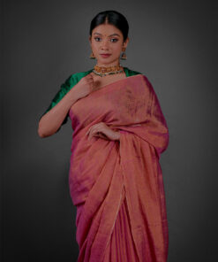 Close up view of a model showcasing Ombre Pink Tissue Linen Saree , elegant for grand occasions By Mirra Clothing