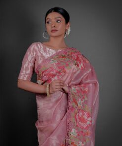 Close up view of a model showcasing Pink Tissue Silk Saree with Cutwork Embroidery, Elegant wear for festive occasions By Mirra Clothing