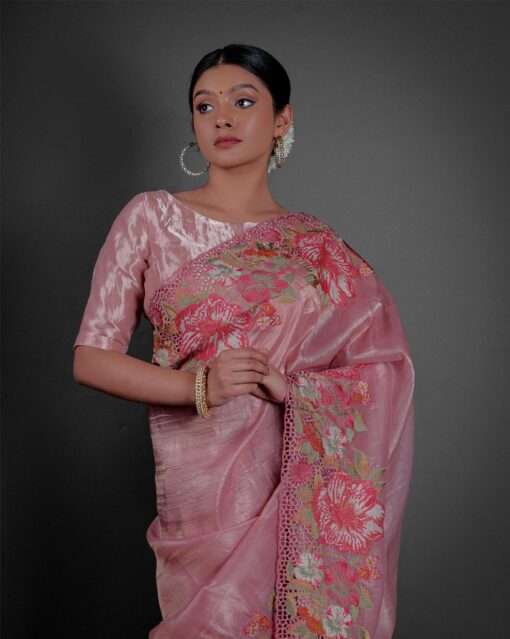 Close up view of a model showcasing Pink Tissue Silk Saree with Cutwork Embroidery, Elegant wear for festive occasions By Mirra Clothing