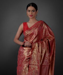 Close up view of a model showcasing Red Banarasi Silk Saree with Gold Zari Weaves , Suitable for Festive occasions By Mirra Clothing