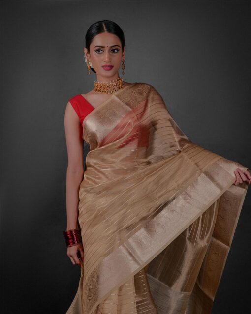 Close up view of a model showcasing Ivory Tissue Silk Saree with Gold Zari Stripes, Perfect for family reunions or celebrations by Mirra Clothing