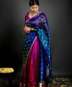 Peacock Dual Tone Tissue Silk Dupatta with Gold Zari Buttis