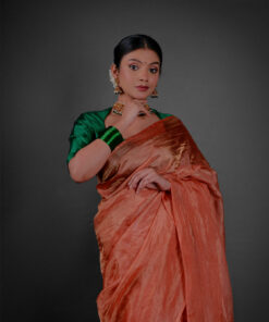 Close up view of a model showcasing Orange Tissue Silk Saree , Suitable for festive times By Mirra Clothing