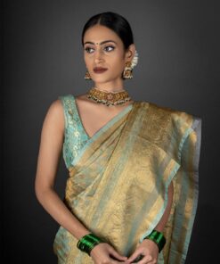 Pista green tissue silk saree by Mirra Clothing