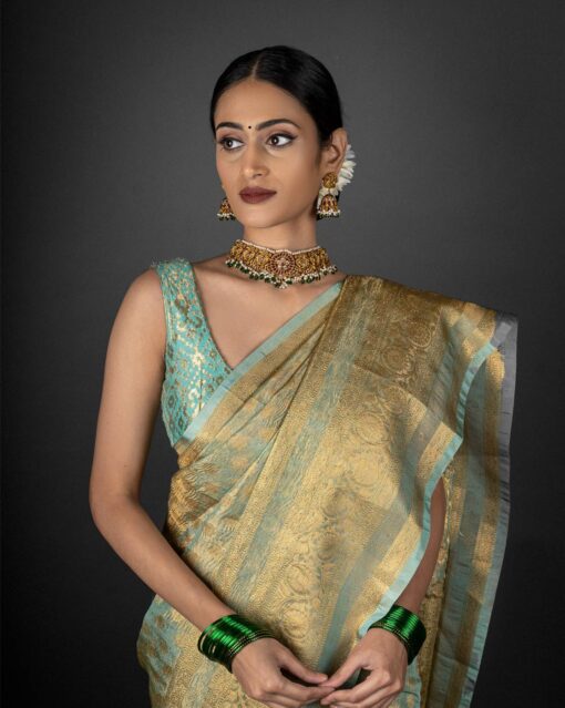 Pista green tissue silk saree by Mirra Clothing