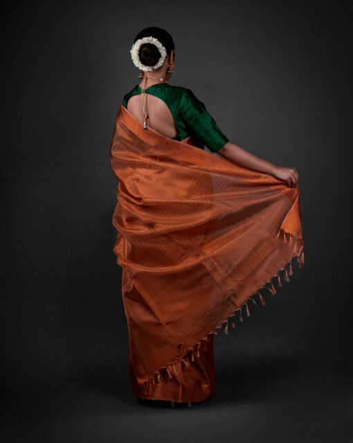 Back view of a model showcasing Copper Tissue Silk Saree with Self Design Border, Suitable for social events By Mirra Clothing