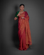 Full view of a model showcasing Ombre Red Tissue Linen Saree , Suitable Suitable for elegant affairs By Mirra Clothing