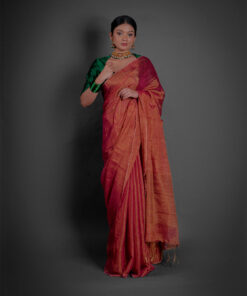 Full view of a model showcasing Ombre Red Tissue Linen Saree , Suitable Suitable for elegant affairs By Mirra Clothing