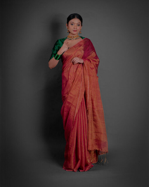 Full view of a model showcasing Ombre Red Tissue Linen Saree , Suitable Suitable for elegant affairs By Mirra Clothing