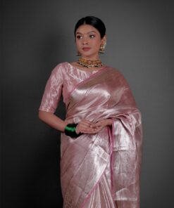 "Close up view of a model showcasing Blush Pink Brocade Tissue Silk Saree , Suited for stylish events. By Mirra Clothing