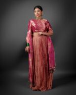 Pink Crushed Tissue Lehenga Set with Tissue Silk Dupatta by Mirra Clothing