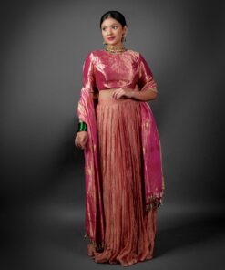 Pink Crushed Tissue Lehenga Set with Tissue Silk Dupatta by Mirra Clothing