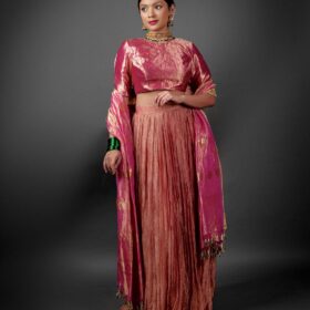 Pink Crushed Tissue Lehenga Set with Tissue Silk Dupatta by Mirra Clothing