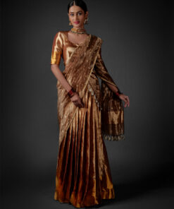 Full view of a model showcasing Molten Gold Tissue Silk Half Saree Set with Dupatta and Blouse, Suitable for special ceremonies By Mirra Clothing