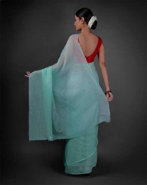 Back view of a model showcasing Mint Blue Chiffon Saree With Badla Work, Ideal for relaxed outings by Mirra Clothing