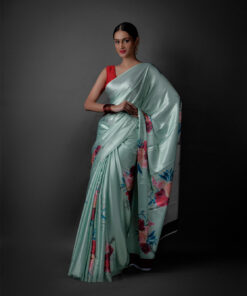 Full view of a model showcasing Sea Green Printed Satin Saree , Comfortable saree for travel by Mirra Clothing