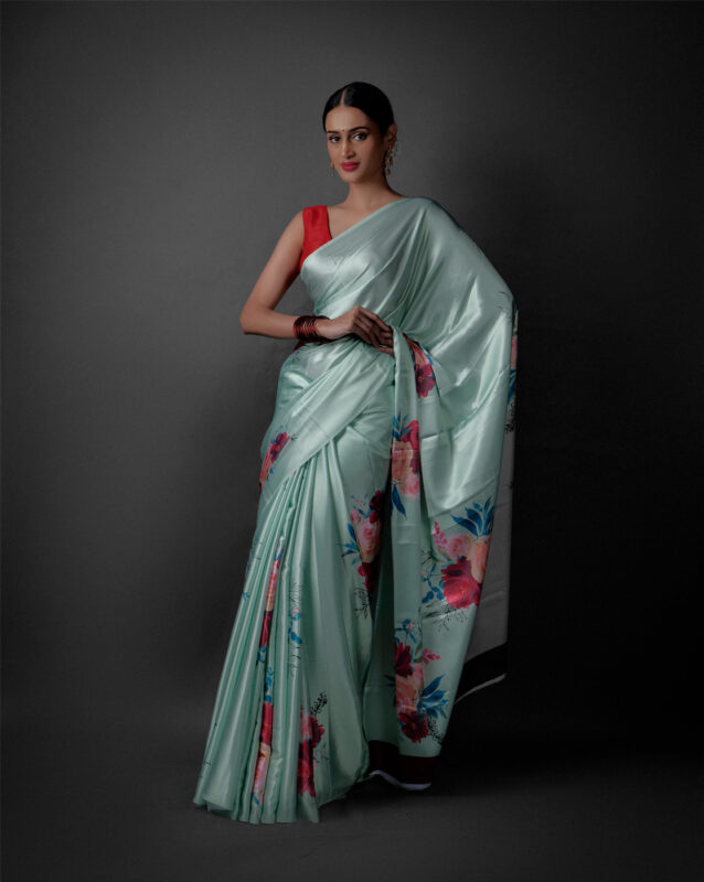 Full view of a model showcasing Sea Green Printed Satin Saree , Comfortable saree for travel by Mirra Clothing