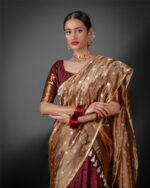 Close up view of a model showcasing Coffee Brown Silk Half Saree Set with Tissue Silk Dupatta, Great for Diwali celebrations By Mirra Clothing