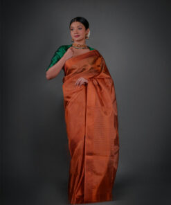 Full view of a model showcasing Copper Tissue Silk Saree with Self Design Border, Suitable for Appropriate gatherings By Mirra Clothing