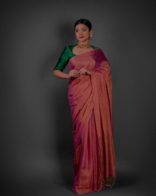 Full view of a model showcasing Ombre Pink Tissue Linen Saree , Suitable for Appropriate gatherings By Mirra Clothing