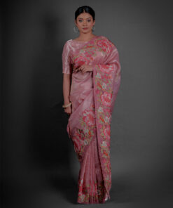 Full view of a model showcasing Pink Tissue Silk Saree with Cutwork Embroidery, Great for special occasions By Mirra Clothing