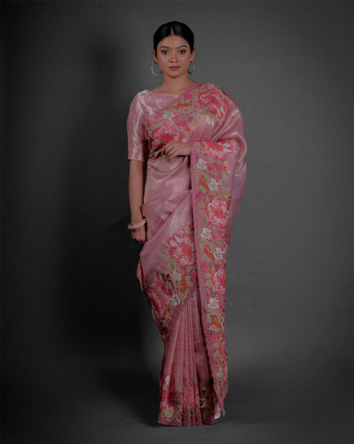 Full view of a model showcasing Pink Tissue Silk Saree with Cutwork Embroidery, Great for special occasions By Mirra Clothing