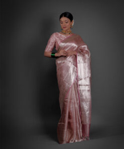 "Full view of a model showcasing Blush Pink Brocade Tissue Silk Saree , Fitting for glamorous nights out By Mirra Clothing