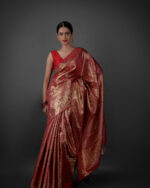 Side view of a model showcasing Red Banarasi Silk Saree with Gold Zari Weaves , Suitable for Trendy Celebrations By Mirra Clothing