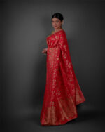 Side view of a model showcasing Peachy Red Banarasi Silk Saree Highlighted with Embroidery, Perfect for celebrating special occasions By mirra Clothing