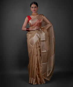 Full view of a model showcasing Ivory Tissue Silk Saree with Gold Zari Stripes, Adds a touch of sophistication to evening gatherings By Mirra Clothing