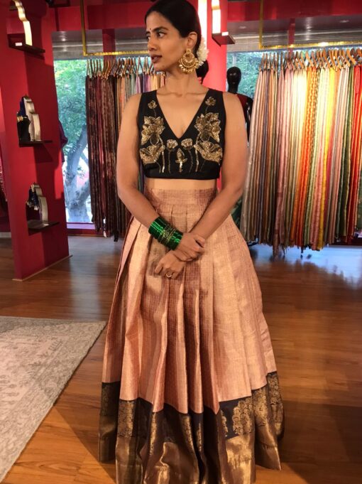 Full view of a model showcasing Dusty Pink Crop Top and Lehenga (Set of 2), Elegant Festive Wear By Mirra Clothing