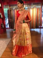 "Front view of a model showcasing a Yellow Semi Kanchi Silk Half Saree (Set of 3), Tailored for Festive Wear By Mirra Clothing