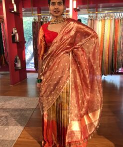 Full view of a model showcasing Yellow Semi Kanchi Silk Half Saree (Set of 3), Designed for Cultural Celebrations By Mirra Clothing