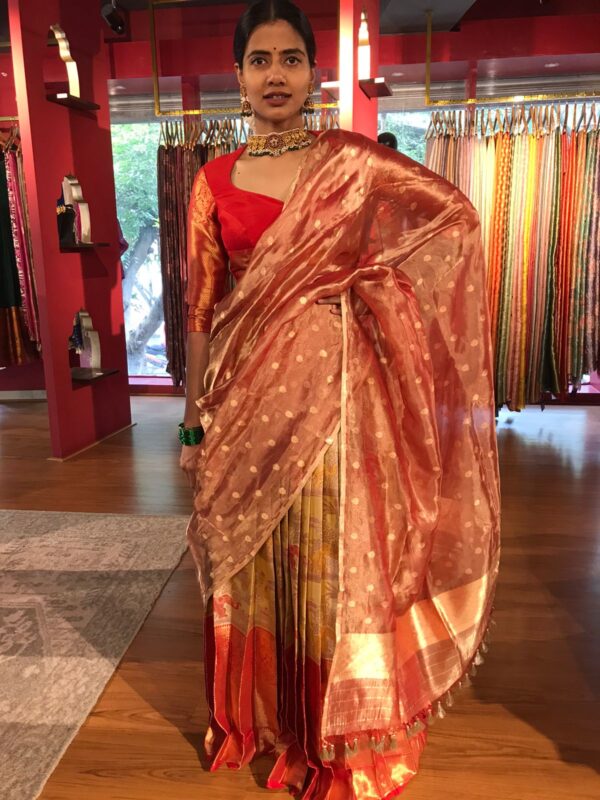 Full view of a model showcasing Yellow Semi Kanchi Silk Half Saree (Set of 3), Designed for Cultural Celebrations By Mirra Clothing