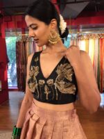 Side view of a model showcasing Black Hand Embroidered Silk Blouse, Embroidered Traditional Blouse By Mirra Clothing