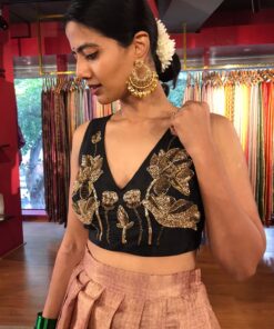 Side view of a model showcasing Black Hand Embroidered Silk Blouse, Embroidered Traditional Blouse By Mirra Clothing