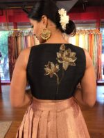 Back view of a model showcasing Black Hand Embroidered Silk Blouse, Suitable for festive times By Mirra Clothing