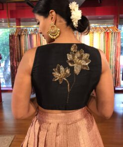 Back view of a model showcasing Black Hand Embroidered Silk Blouse, Suitable for festive times By Mirra Clothing