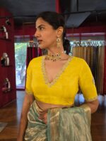 Back view of a model showcasing Lemon Yellow Silk Blouse, Suitable for traditional performances or fairs By Mirra Clothing