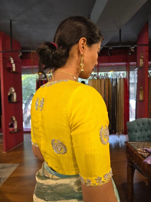 Full view of a model showcasing Lemon Yellow Silk Blouse, Perfect for celebrating special occasions By Mirra Clothing