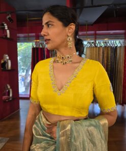 Back view of a model showcasing Lemon Yellow Silk Blouse, Suitable for traditional performances or fairs By Mirra Clothing