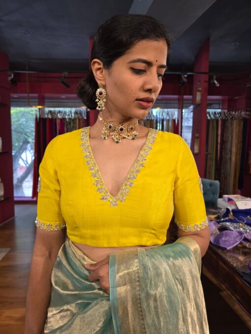 Side view of a model showcasing Lemon Yellow Silk Blouse, Suitable for festive occasions By MirraClothing