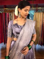 "Close up view of a model showcasing Lilac Silk Half Saree Set with Tissue Silk Dupatta (Set of 3), Ready for festive gatherings "by Mirra Clothing