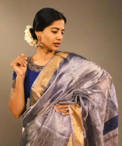 Close up view of a model showcasing Blue Tissue Silk Saree, designed for elegance at any party By Mirra Clothing